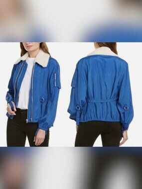 Helmut Lang Sheer Bomber Jacket Cobalt Blue Sz XS 100% Lamb Shearling Fur Collar